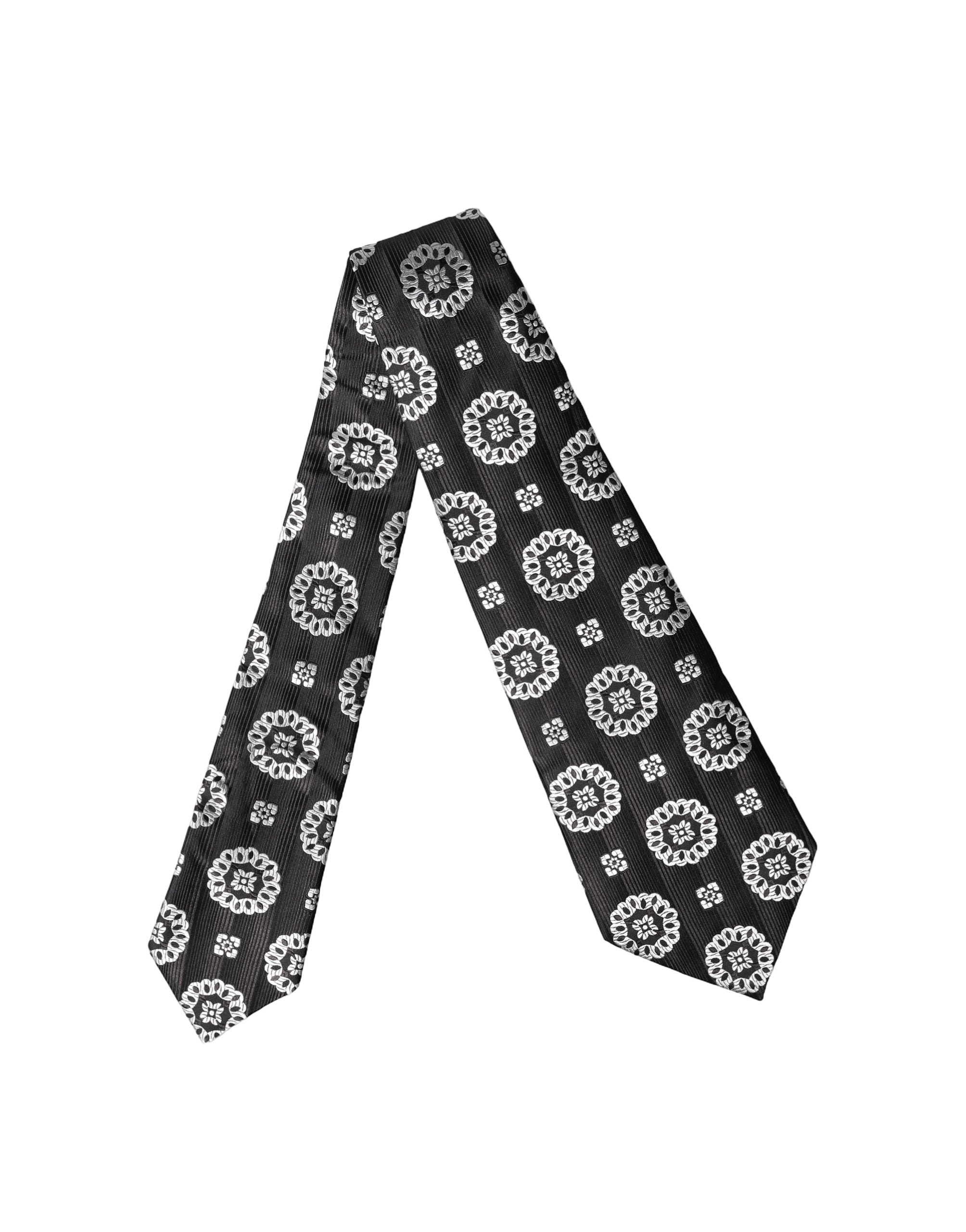 Black White Floral Silk Adjustable Women Necktie Tie