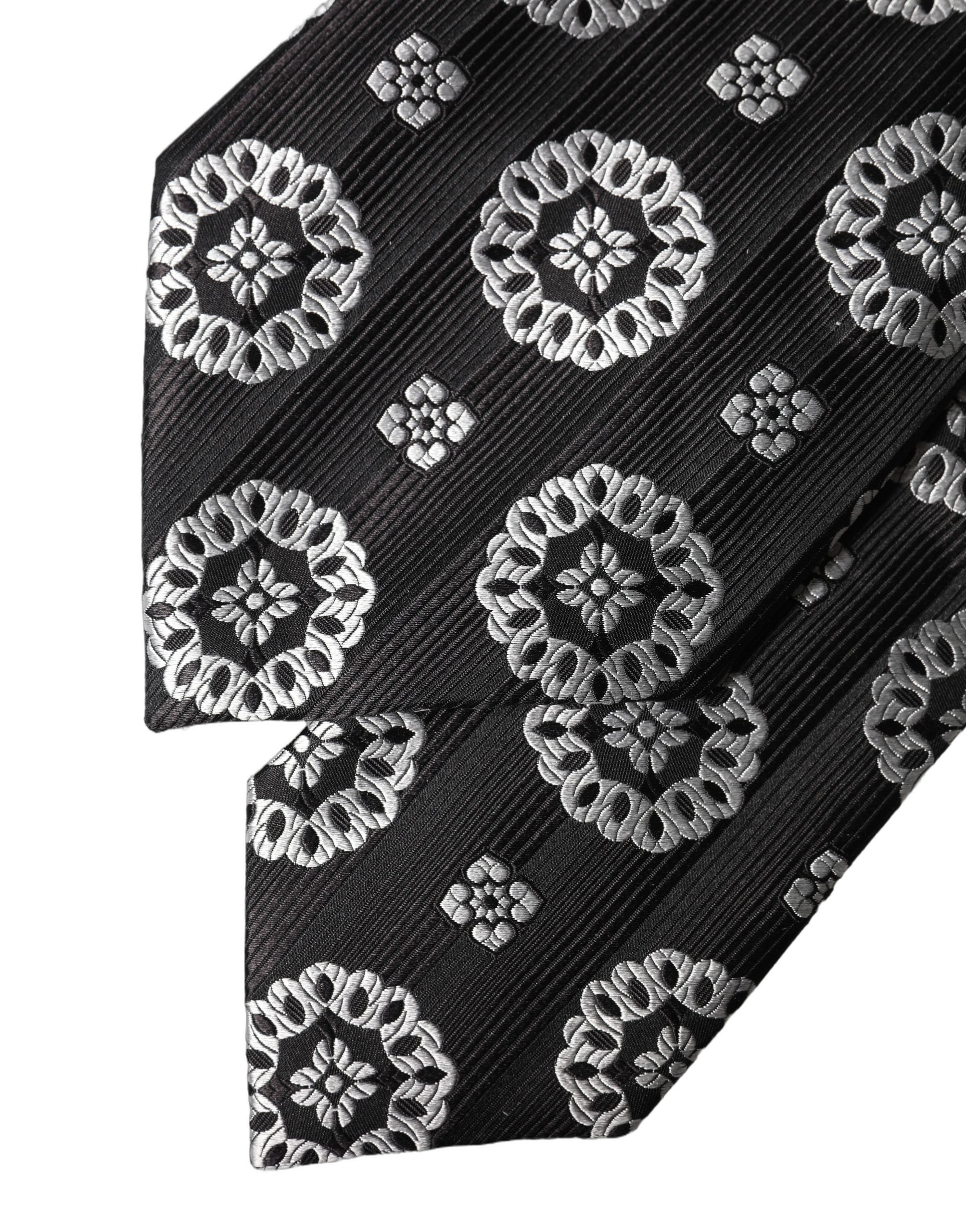 Black White Floral Silk Adjustable Women Necktie Tie