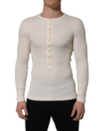 White Long Sleeves Henley Pullover Sweater