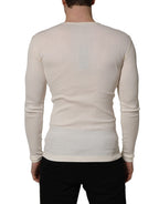 White Long Sleeves Henley Pullover Sweater