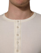 White Long Sleeves Henley Pullover Sweater