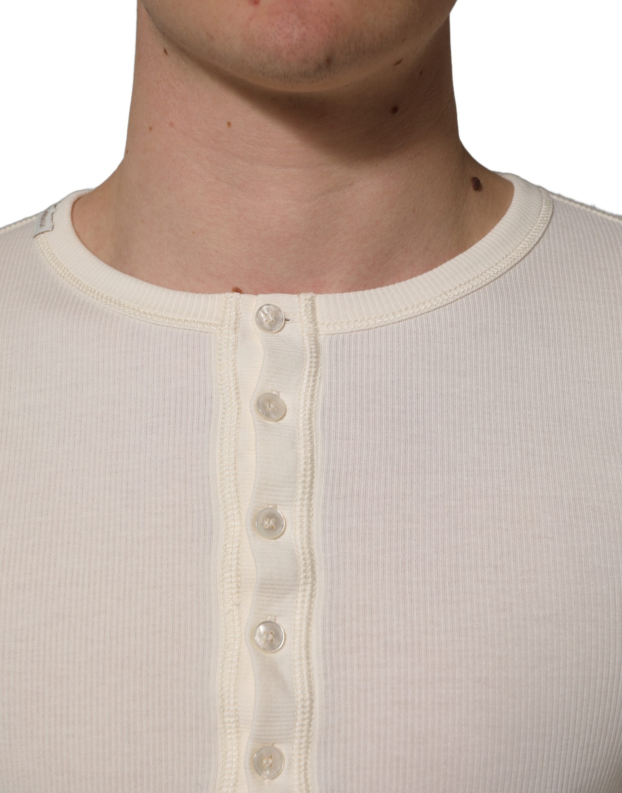 White Long Sleeves Henley Pullover Sweater