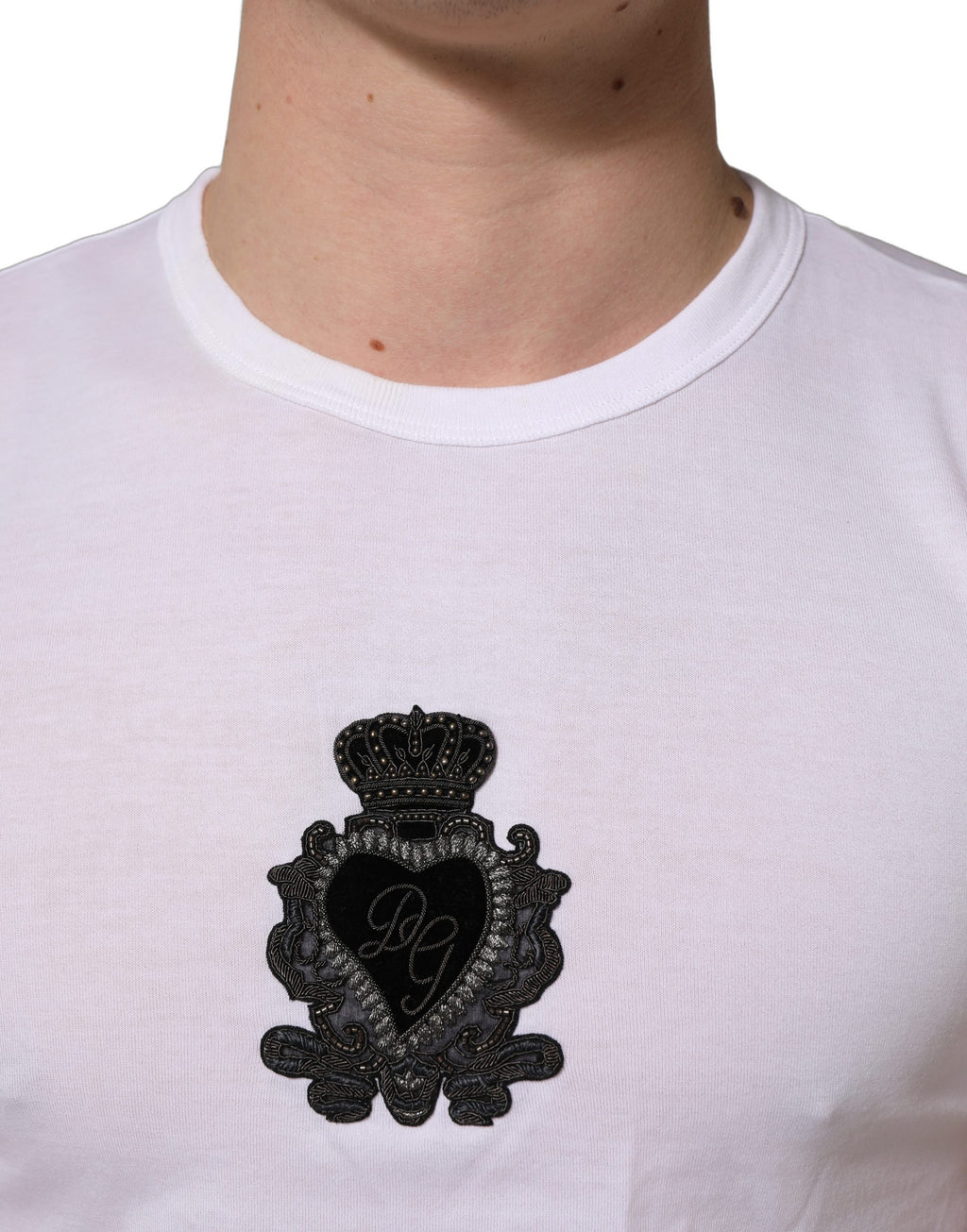 White Logo Heart Cotton Men Crew Neck T-shirt
