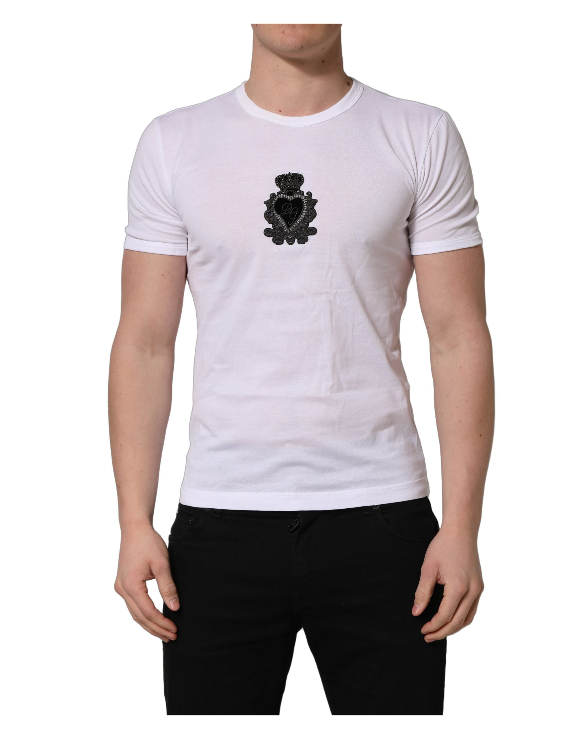 White Logo Heart Cotton Men Crew Neck T-shirt