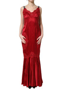 Red Silk Sleeveless Maxi Long Lace Trim Dress
