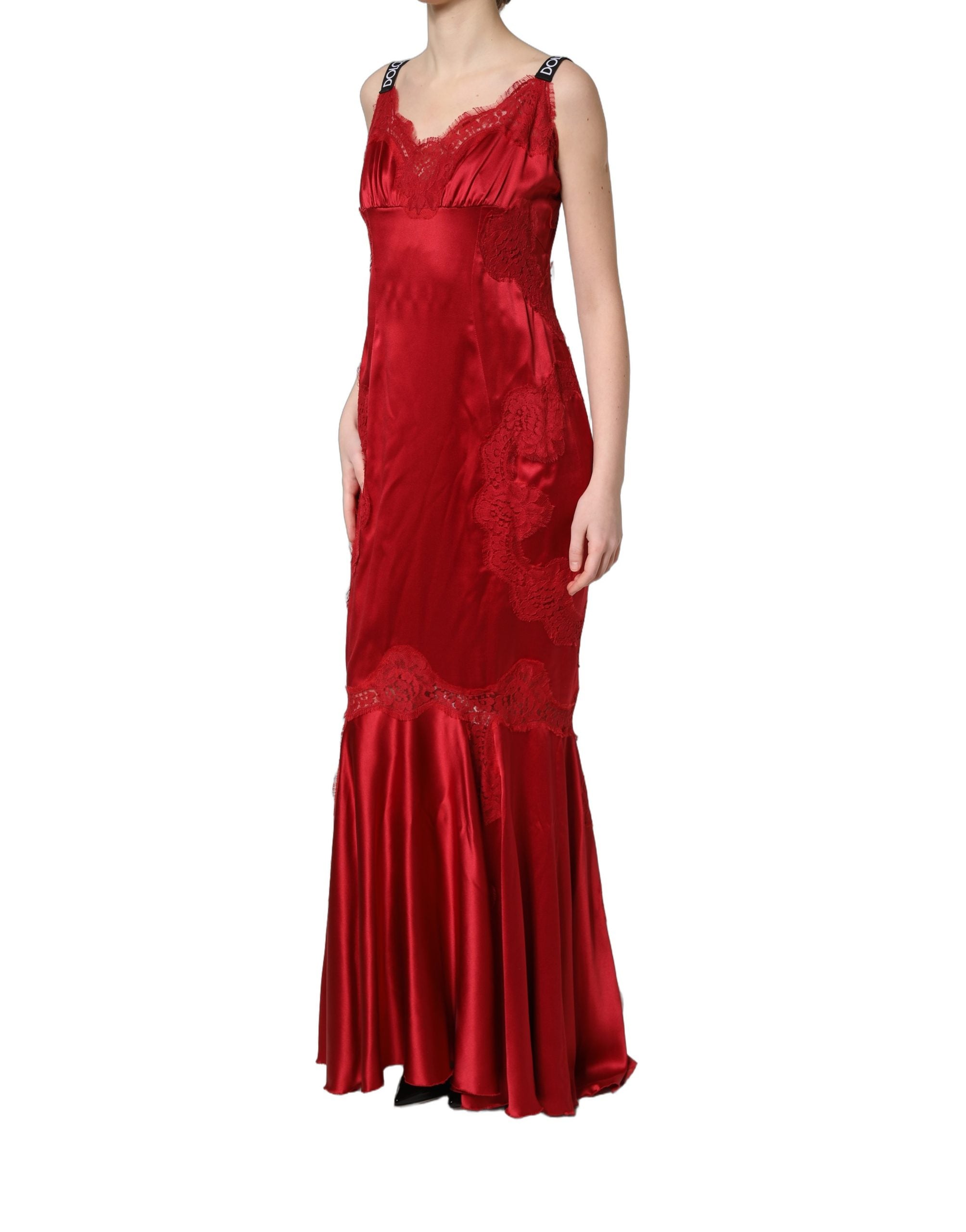 Red Silk Sleeveless Maxi Long Lace Trim Dress