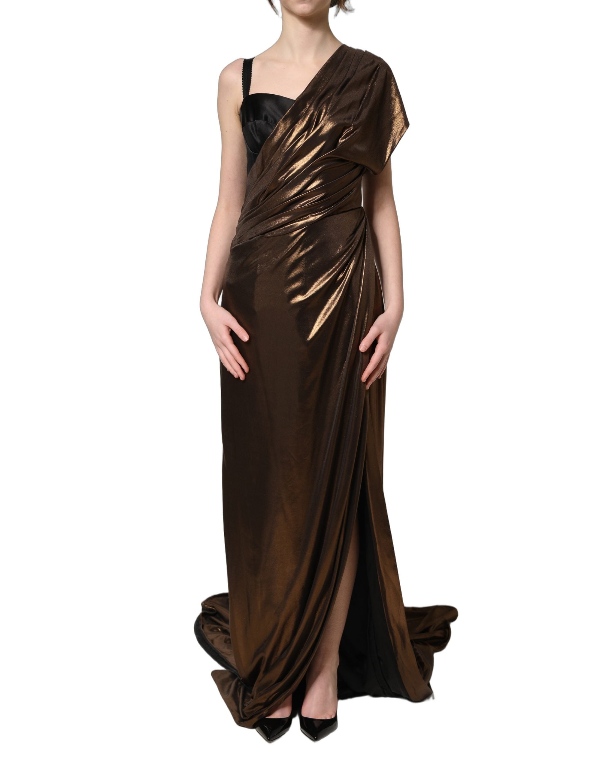 Bronze Asymmetrical Draping OneShoulder Dress
