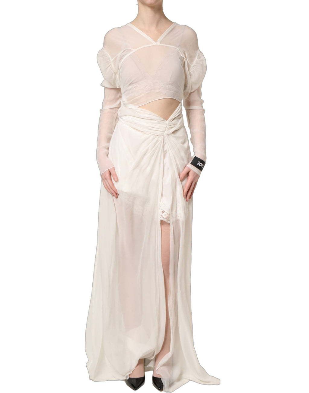 White Silk Sheer Draped Long Gown Dress