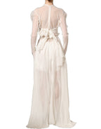 White Silk Sheer Draped Long Gown Dress