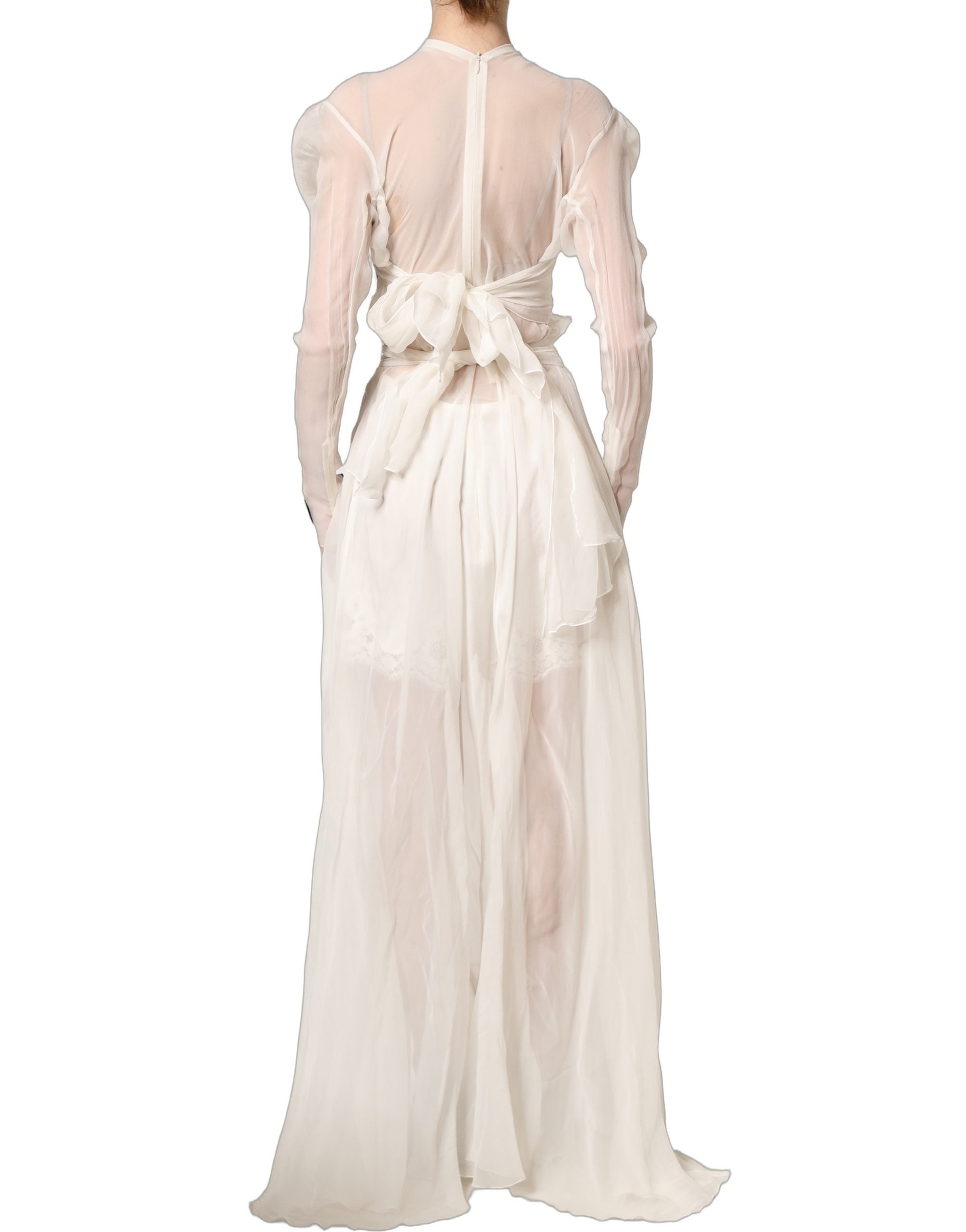 White Silk Sheer Draped Long Gown Dress