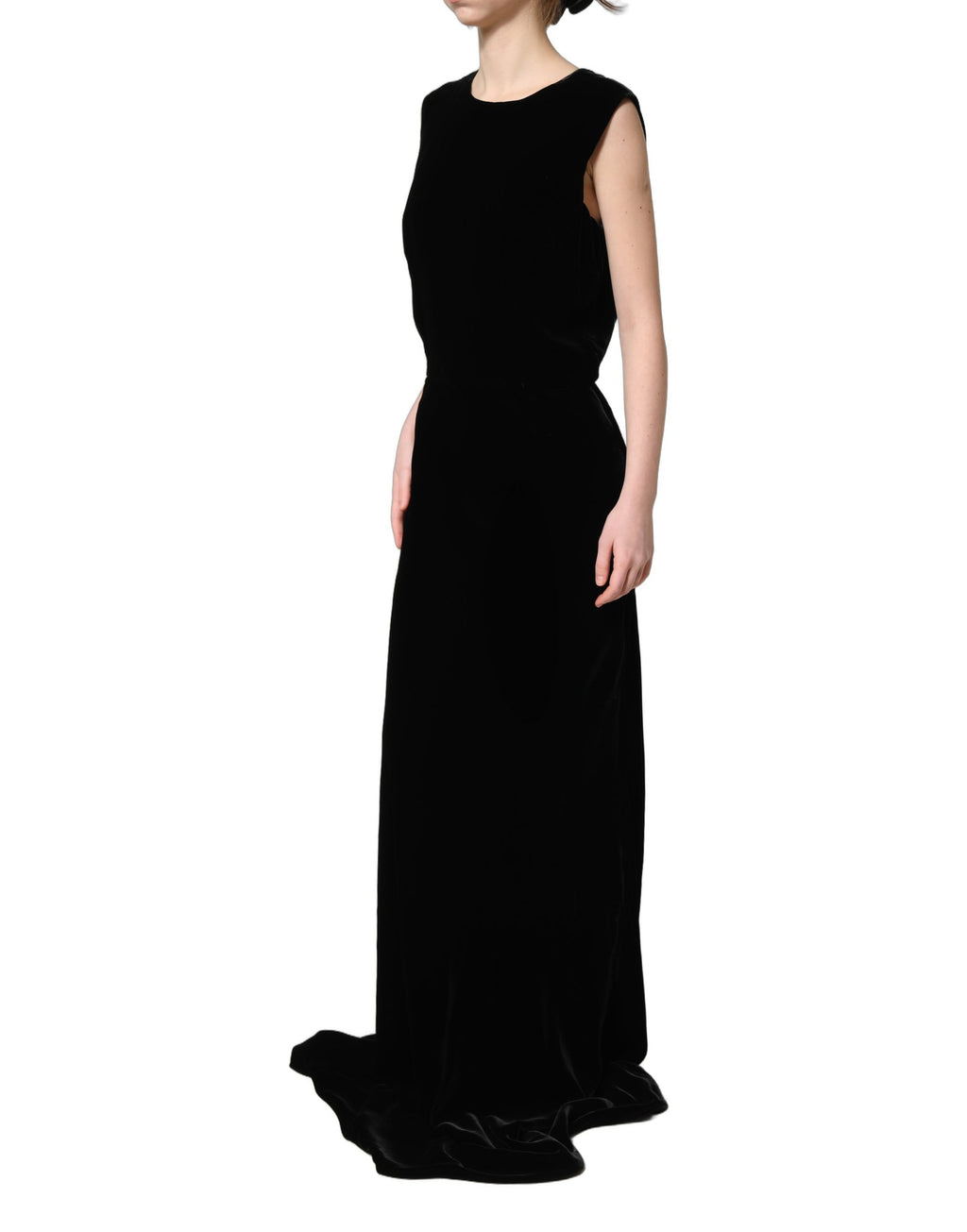 Black Viscose Velvet Floor Length Gown Dress