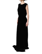 Black Viscose Velvet Floor Length Gown Dress