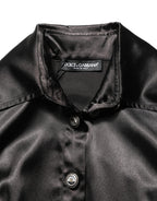 Black Satin Long Puff Sleeves Pleated Dress