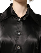Black Satin Long Puff Sleeves Pleated Dress