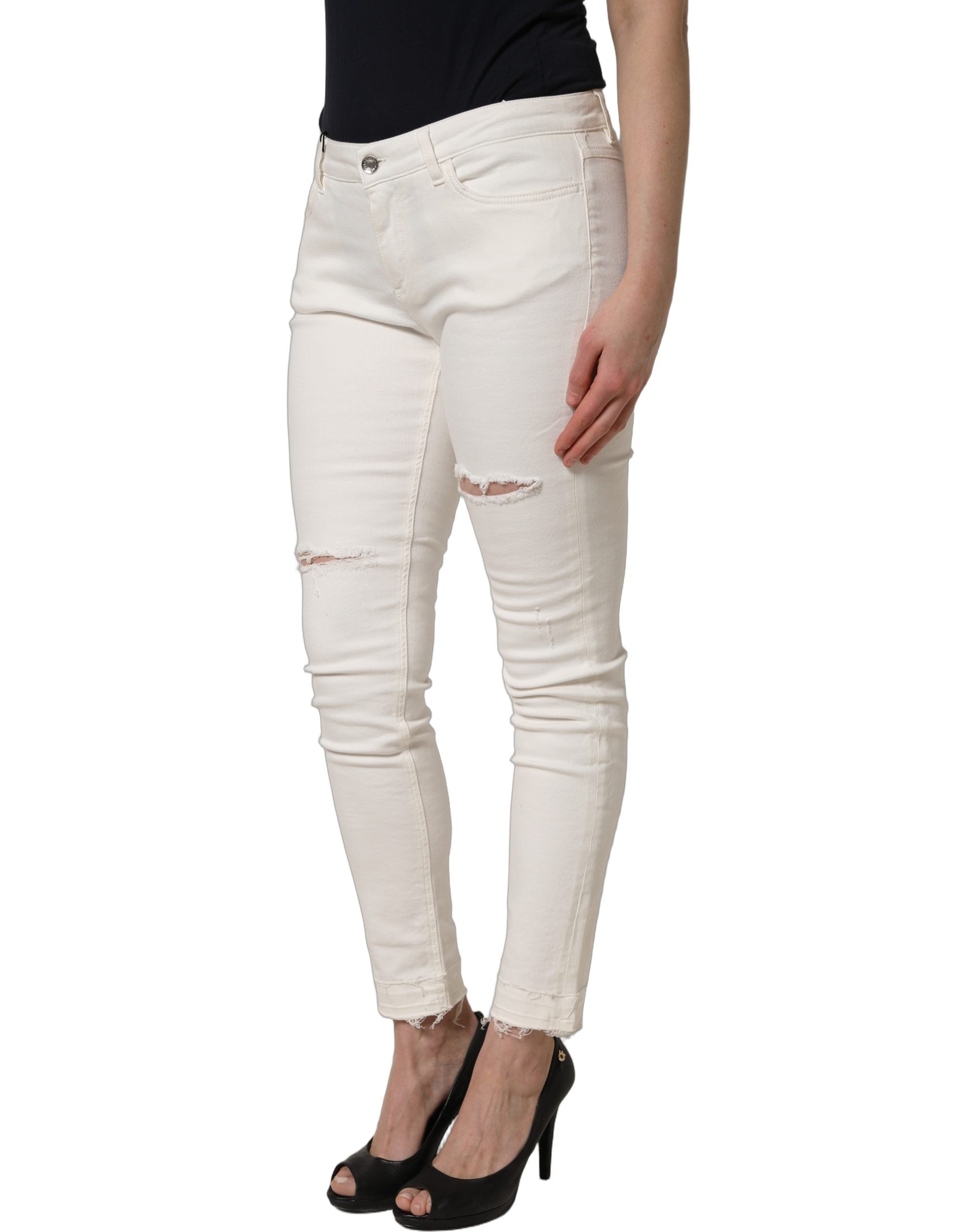 White Tattered Skinny Cotton Denim Jeans