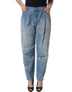 Blue Distressed Pleated Cotton Denim Jeans