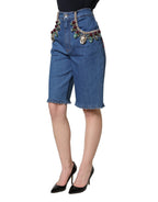 Blue Cotton Embellished BermudaDenim Shorts
