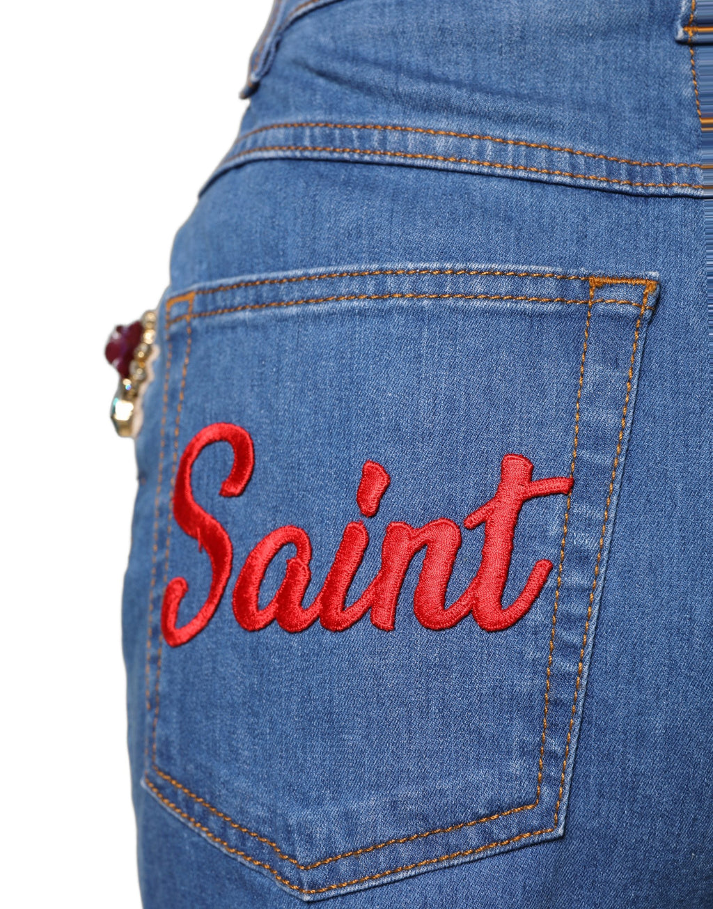 Blue Cotton Embellished BermudaDenim Shorts