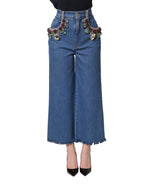 Blue Embellished Wide Cropped Denim Jeans