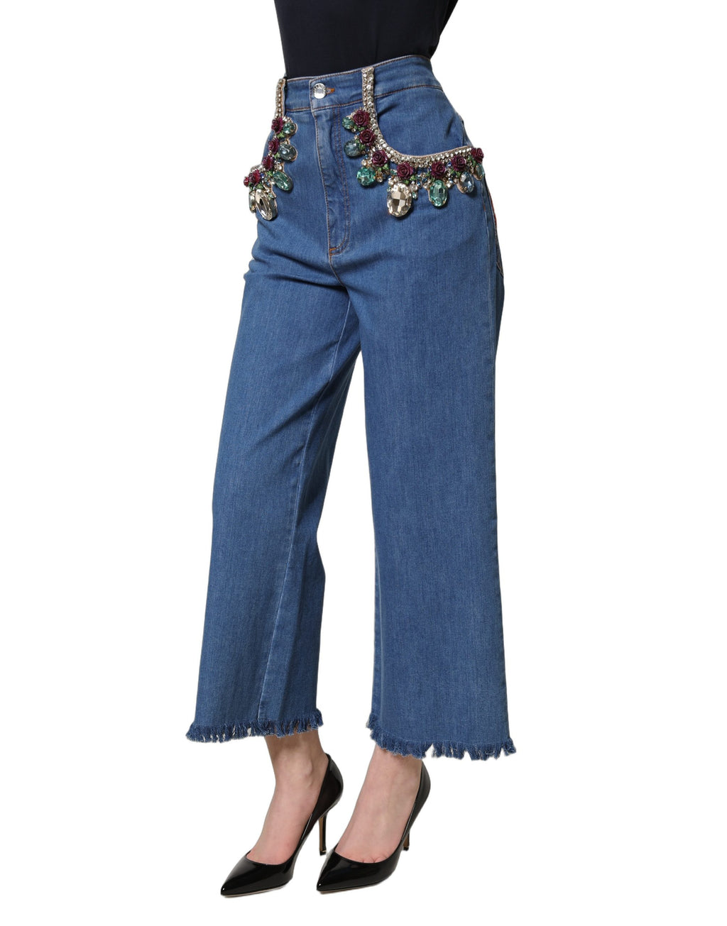 Blue Embellished Wide Cropped Denim Jeans