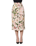 Pink Lilium Print High Waist Pencil Skirt