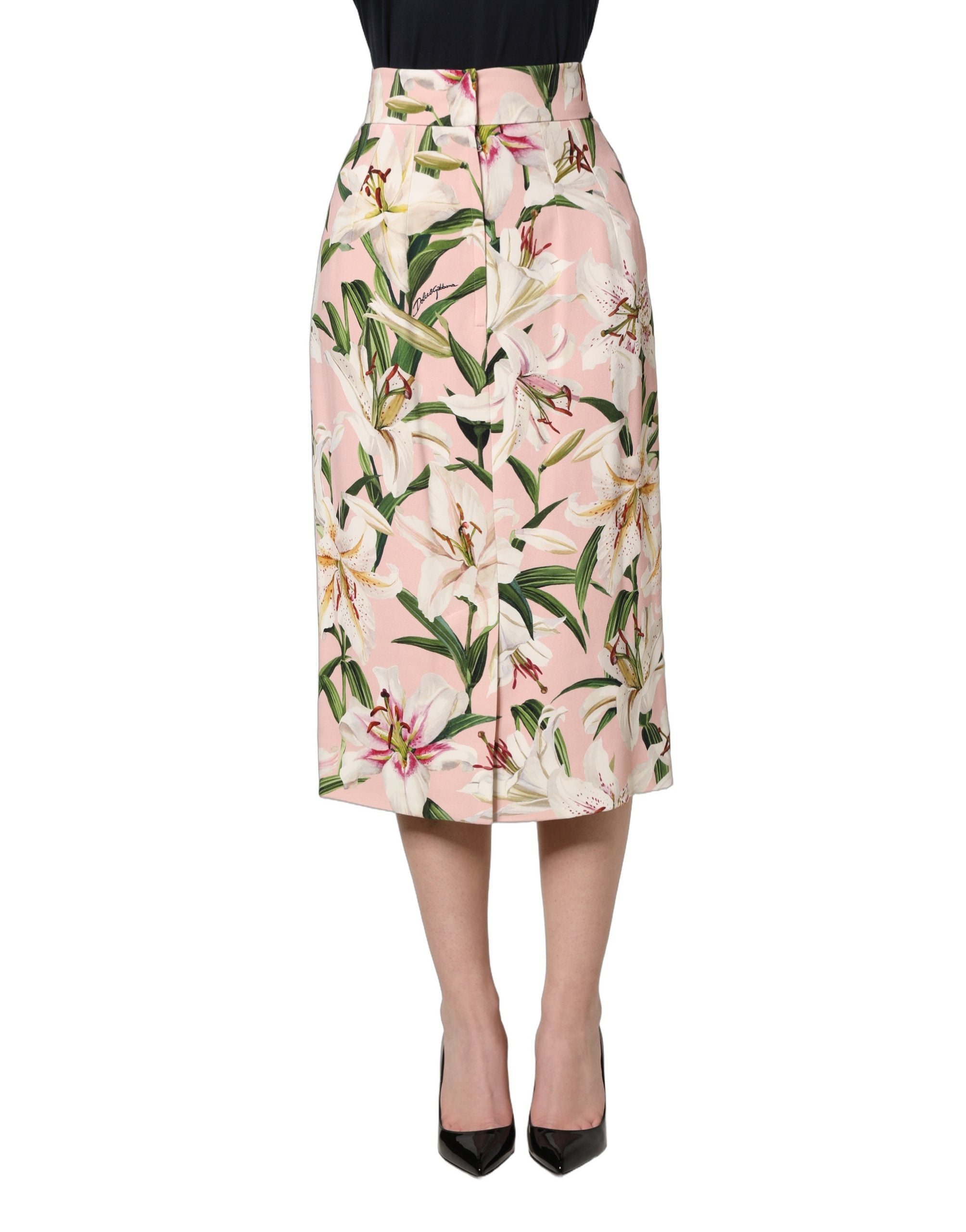 Pink Lilium Print High Waist Pencil Skirt