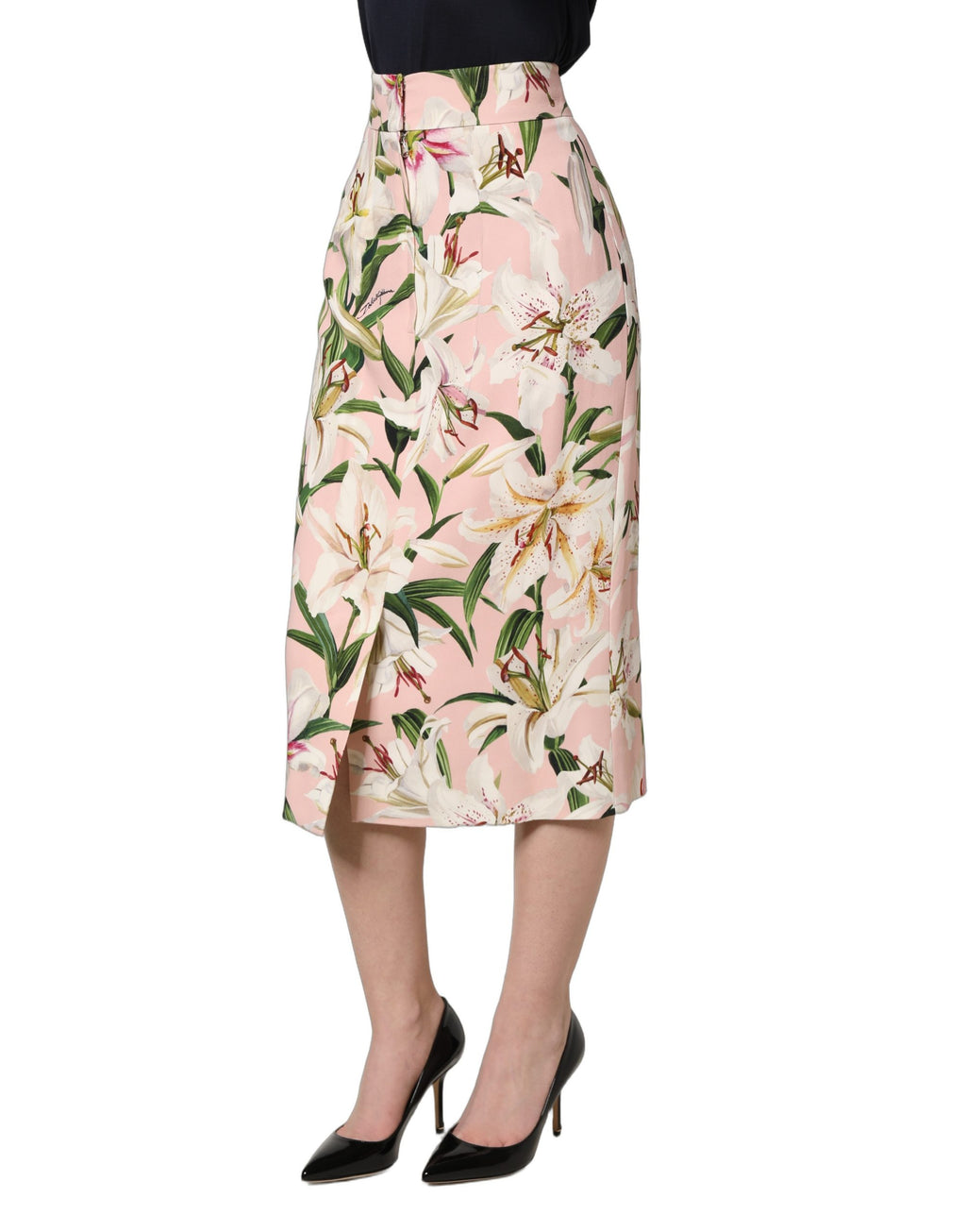Pink Lilium Print High Waist Pencil Skirt