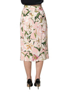 Pink Lilium Print High Waist Pencil Skirt