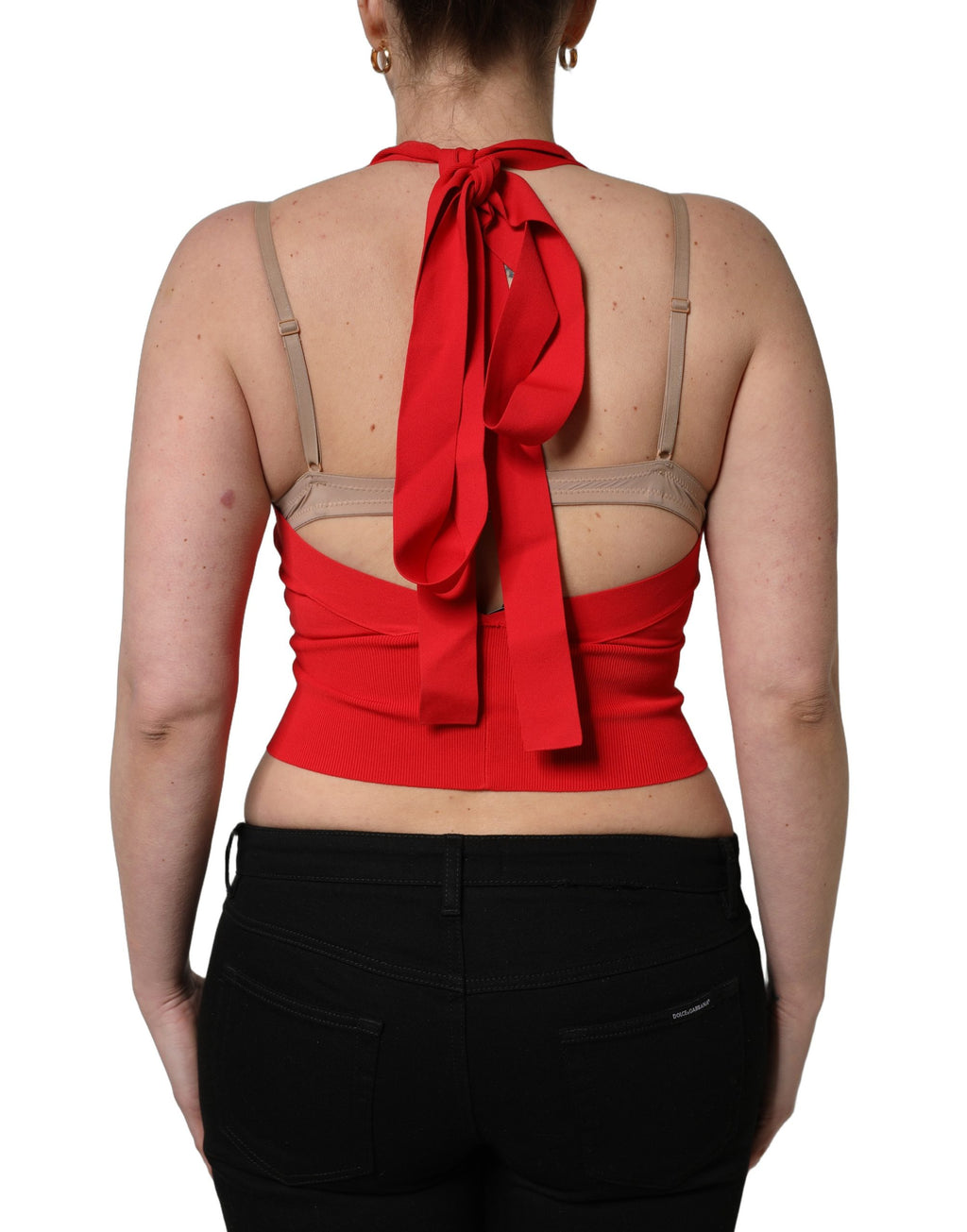 Red Viscose Sleeveless Halter Crop Tank Top