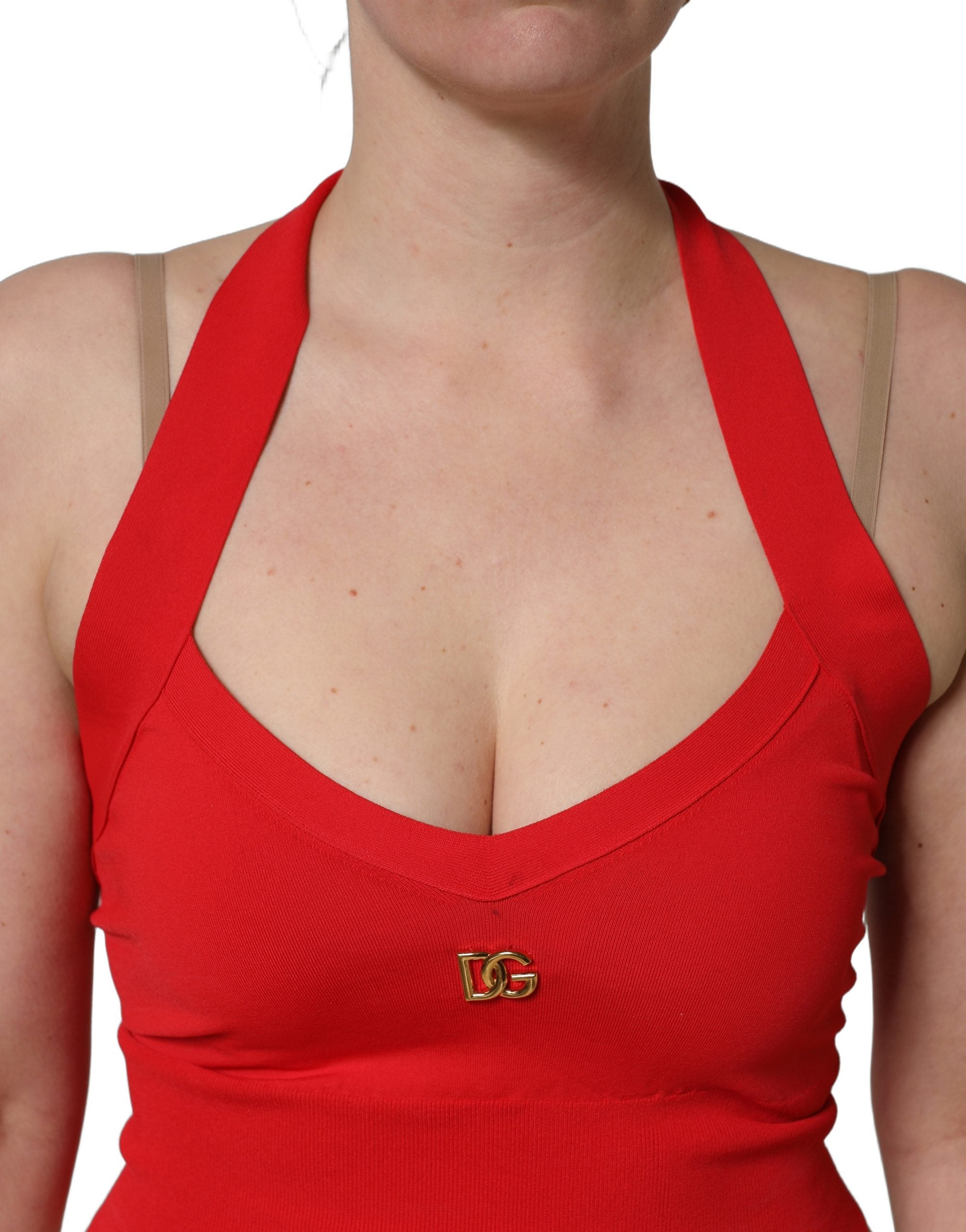 Red Viscose Sleeveless Halter Crop Tank Top