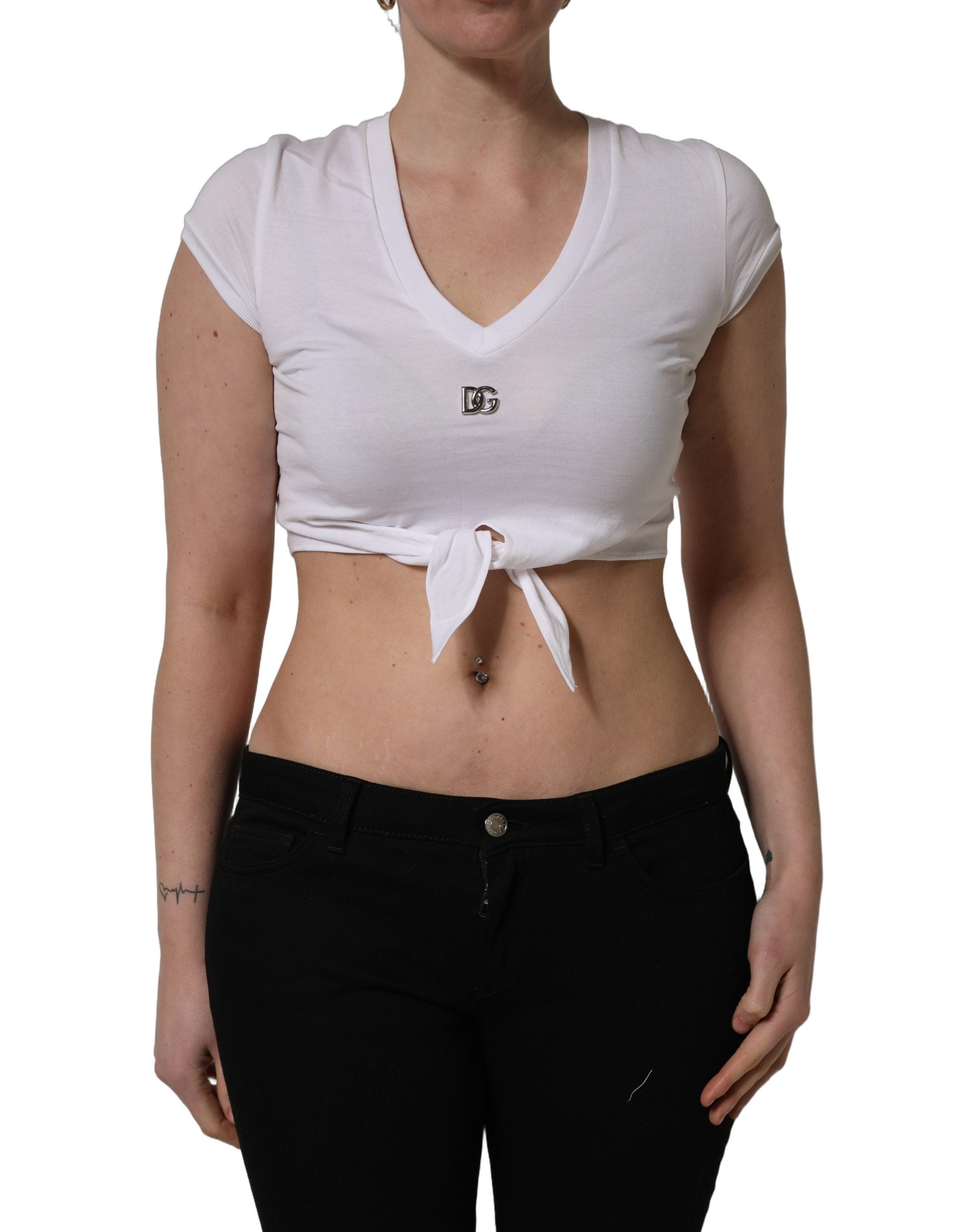 White Logo Embroidered Tie Waist Cropped Top