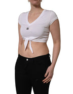 White Logo Embroidered Tie Waist Cropped Top