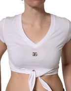 White Logo Embroidered Tie Waist Cropped Top