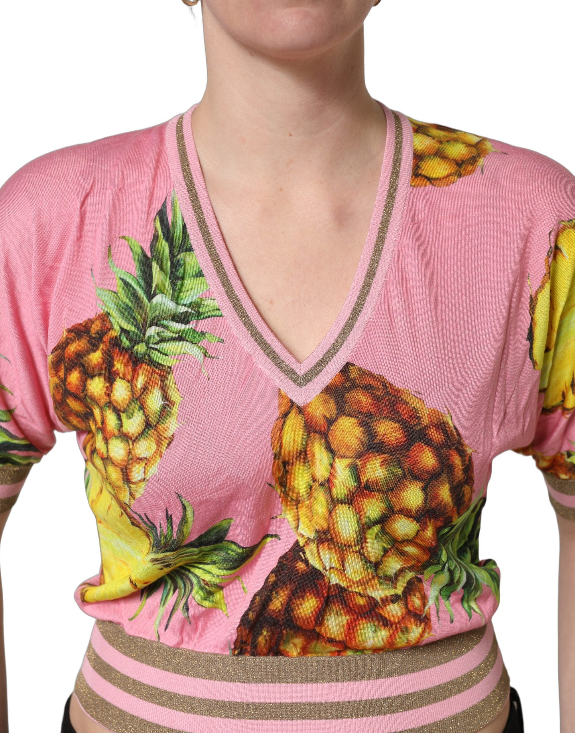 Pink Pineapple Vneck Short Sleeve Cropped Top