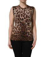 Brown Leopard Crew Neck Sleeveless Tank Top