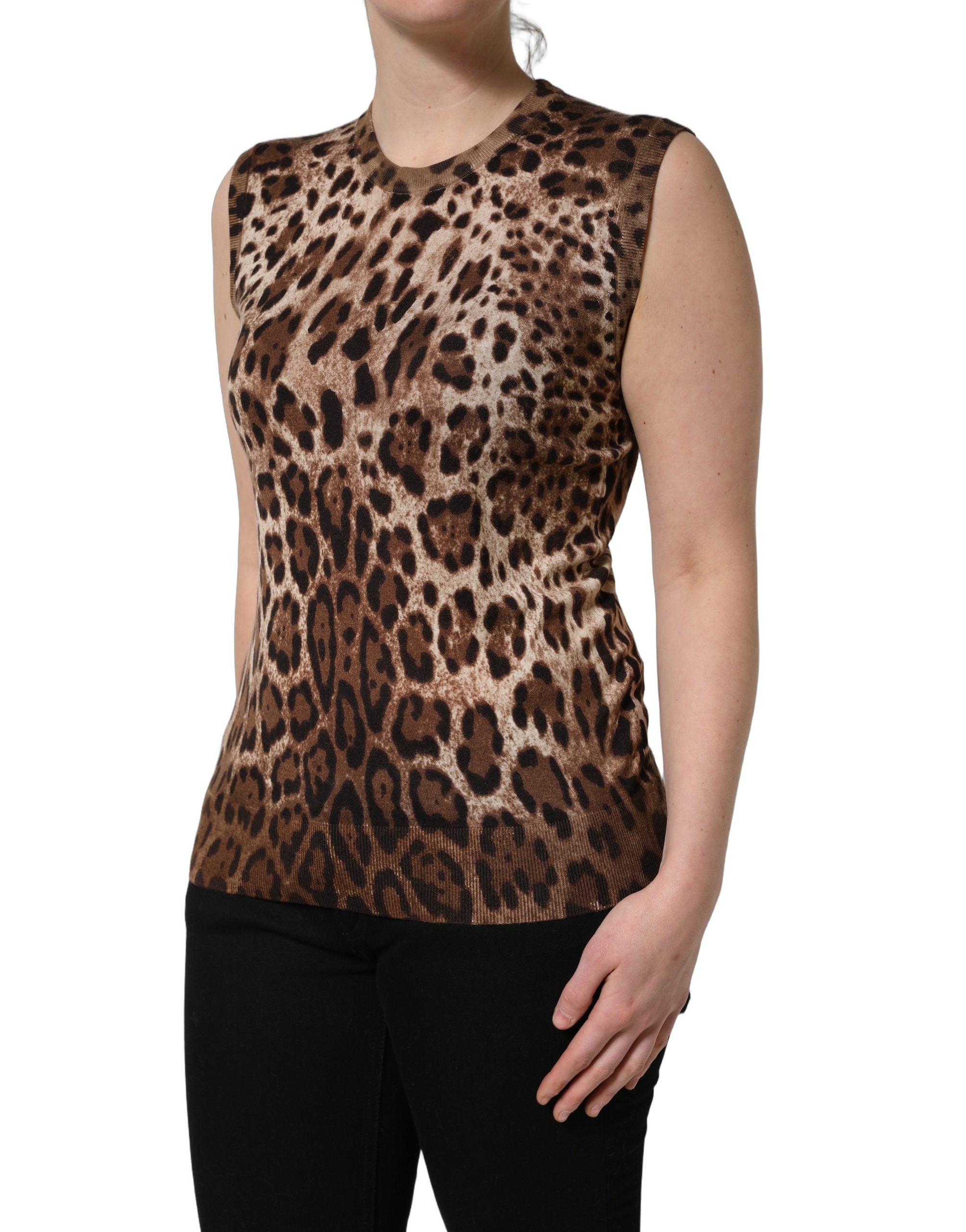 Brown Leopard Crew Neck Sleeveless Tank Top