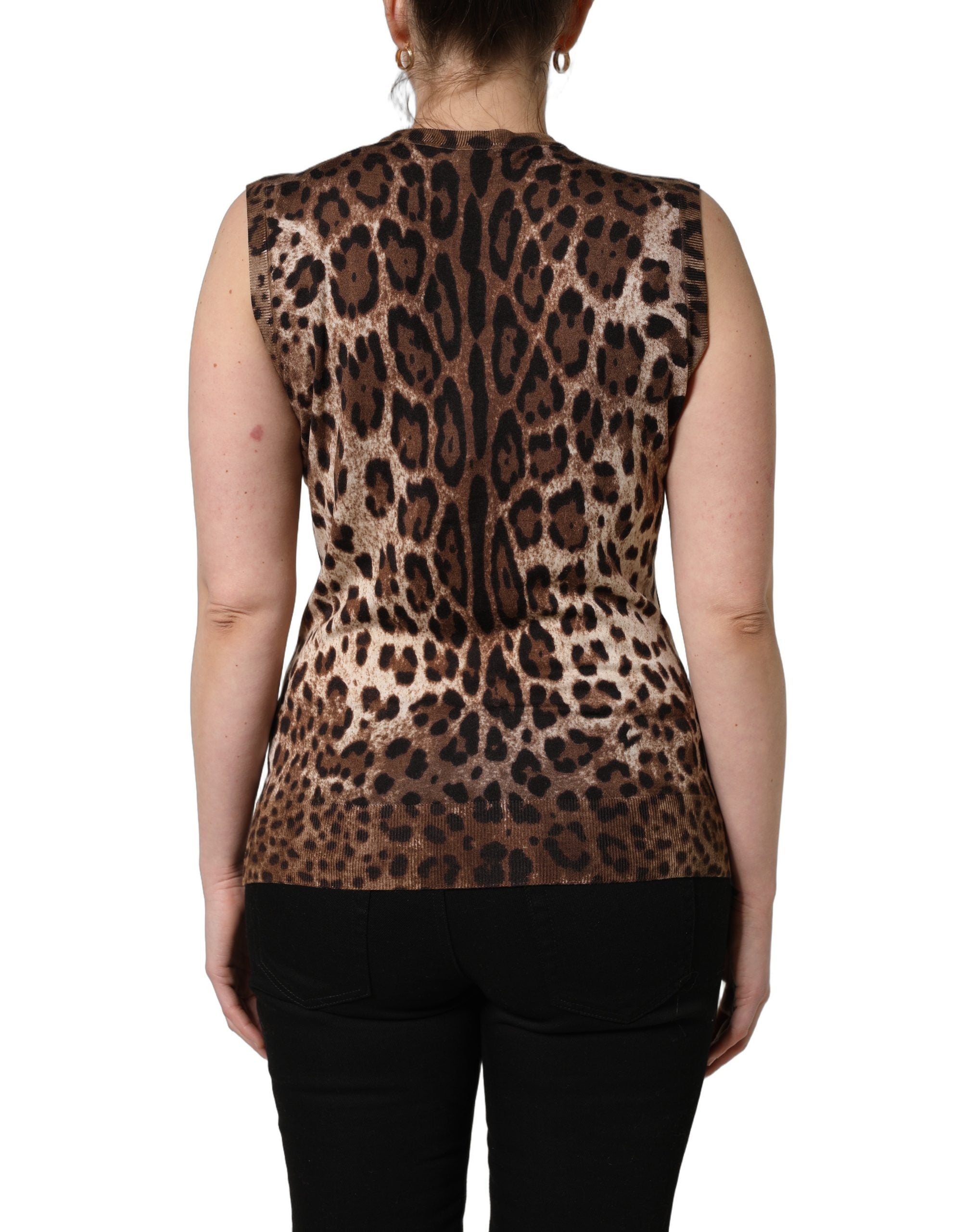 Brown Leopard Crew Neck Sleeveless Tank Top