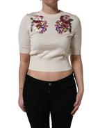 Beige Floral Print Silk CrewNeck Pullover Top