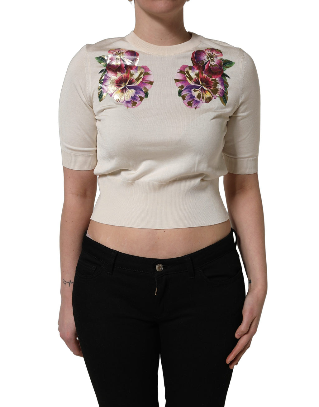 Beige Floral Print Silk CrewNeck Pullover Top