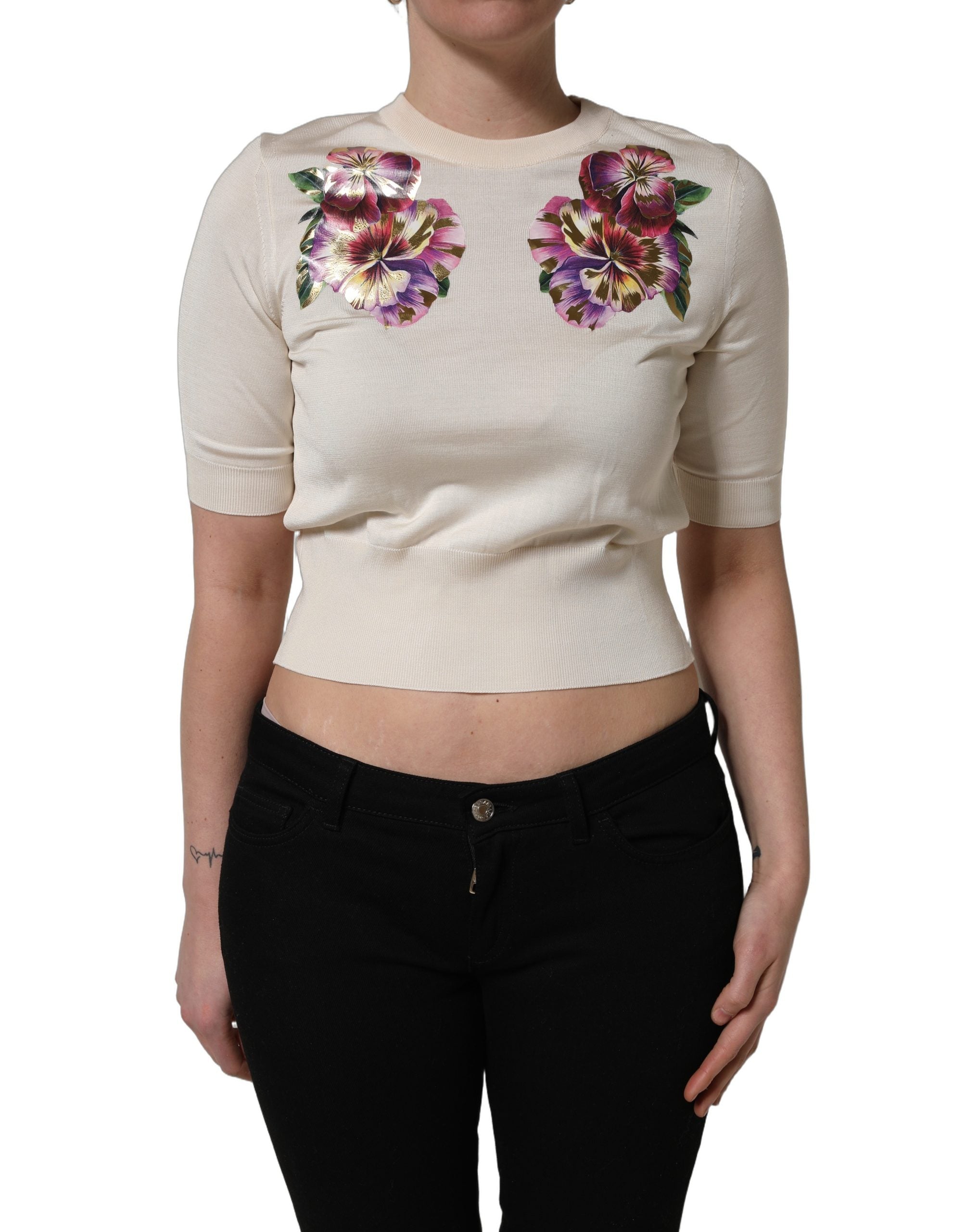 Beige Floral Print Silk CrewNeck Pullover Top