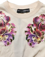 Beige Floral Print Silk CrewNeck Pullover Top