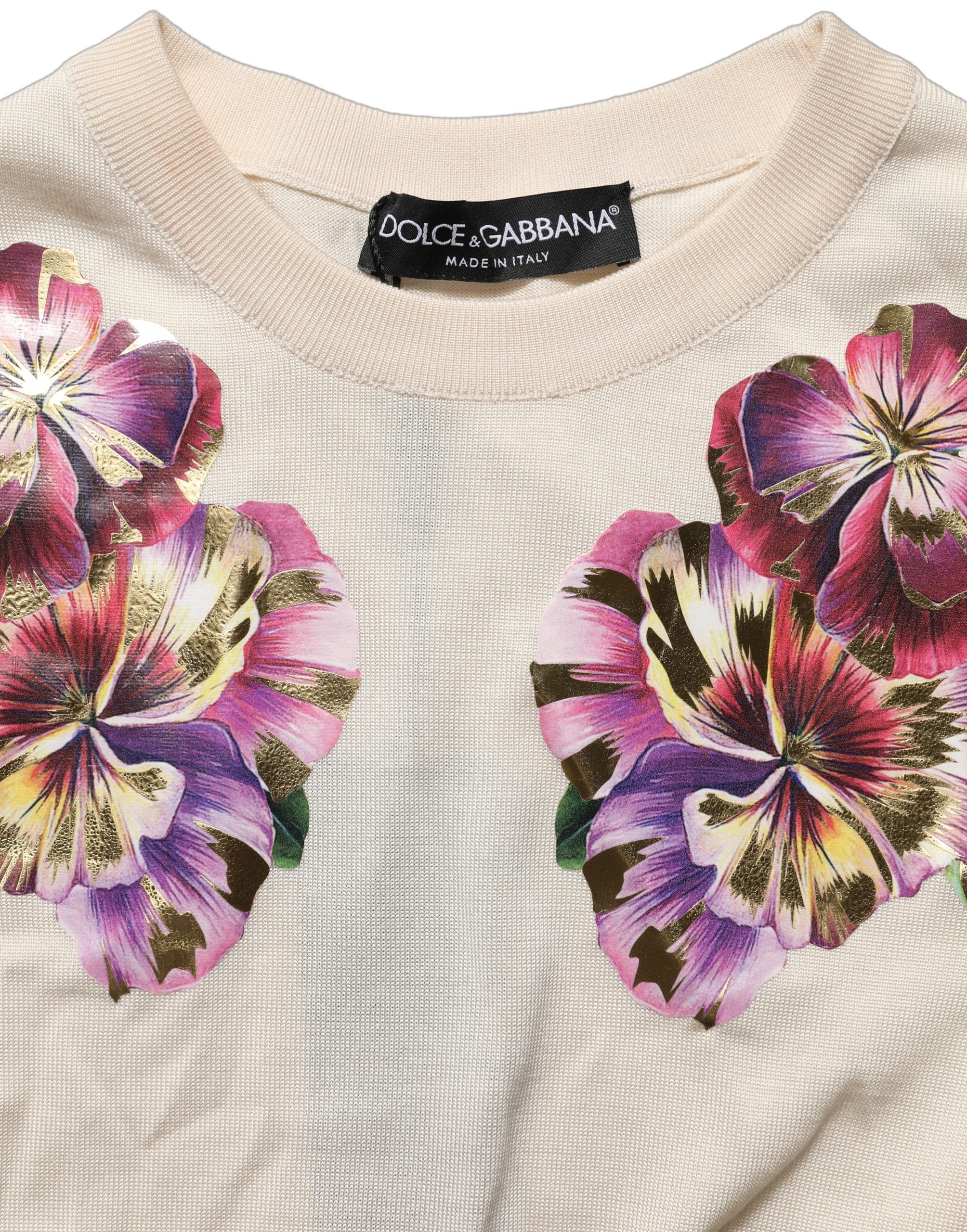 Beige Floral Print Silk CrewNeck Pullover Top