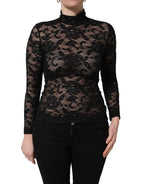 Black Floral Lace Turtle Neck Long Sleeve Top