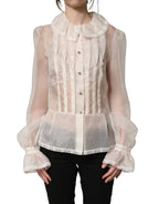White Ruffled Sheer Silk Buttoned Blouse Top