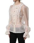 White Ruffled Sheer Silk Buttoned Blouse Top