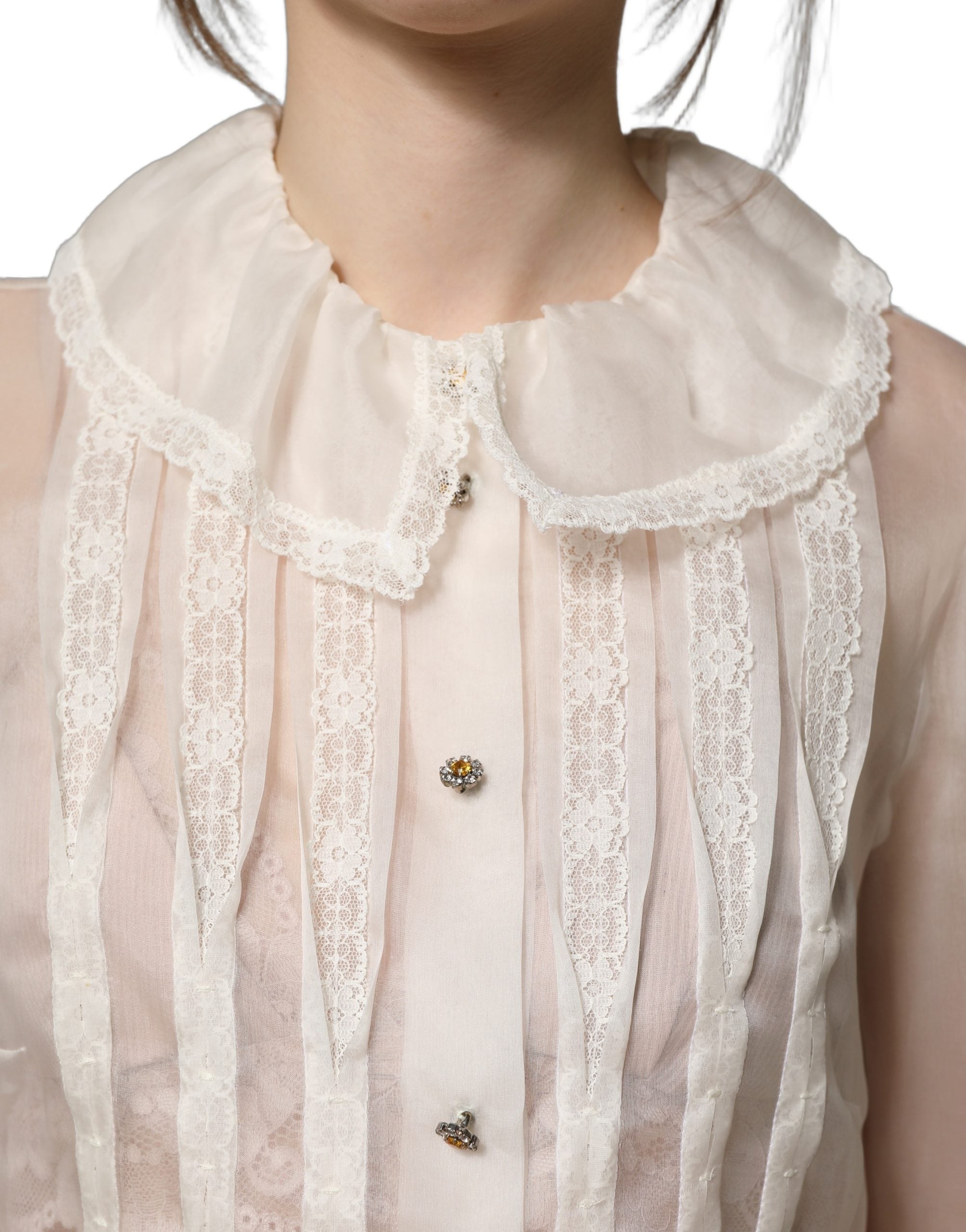 White Ruffled Sheer Silk Buttoned Blouse Top