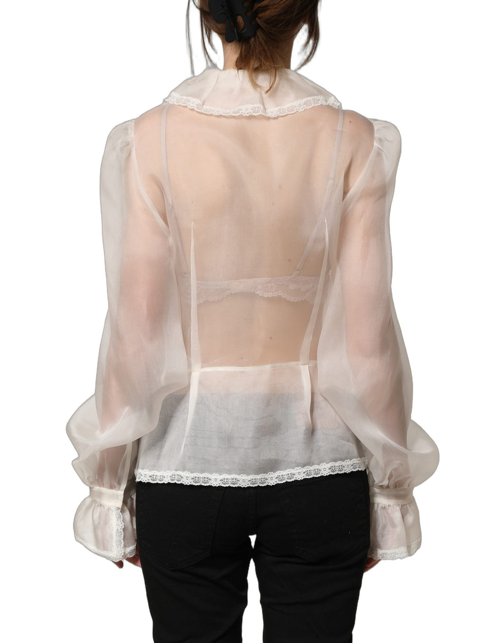 White Ruffled Sheer Silk Buttoned Blouse Top