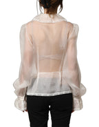 White Ruffled Sheer Silk Buttoned Blouse Top