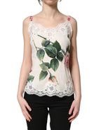 White Rose Print Lace Silk Camisole Tank Top