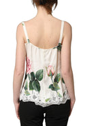 White Rose Print Lace Silk Camisole Tank Top